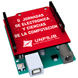 Logo de las Jornadas, un Arduino que tiene una placa montada con una inscripción que dice II Jornadas de Electrónica y Ciencias de la Computación